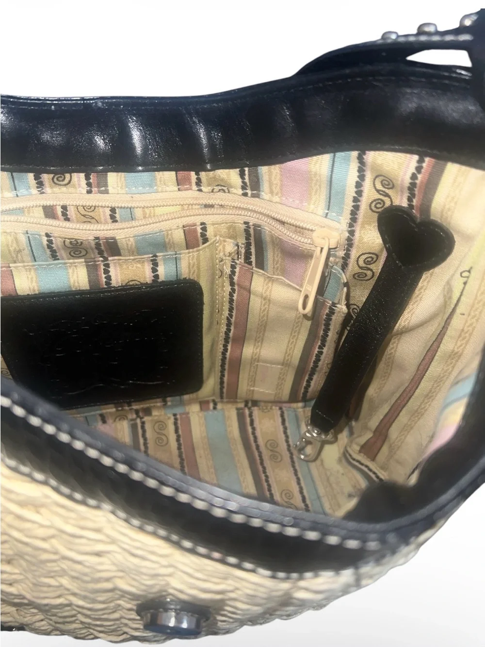 Brighton Cream Woven Tote with Black Croc-Trim and Heart Charm